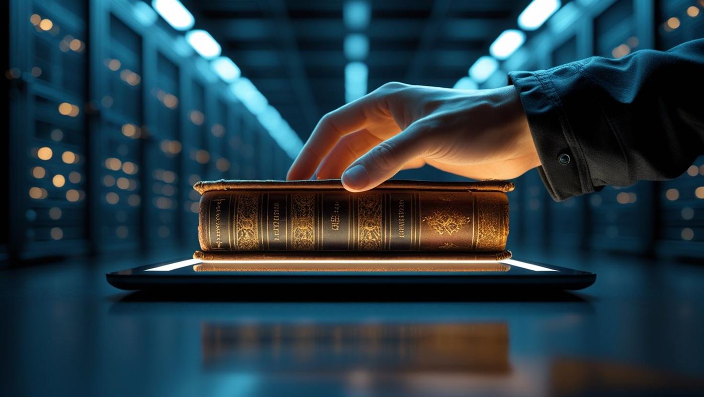 Document pe hârtie așezat pe o tabletă, într-o sală de servere: digitalizarea arhivei